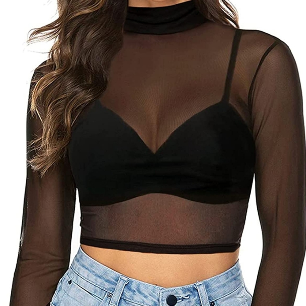 Long Sleeve Sheer Mesh Crop Top